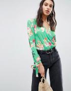 Asos Long Sleeve Tie Cuff Wrap Daywear Body In Floral Print - Multi