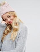 Asos Cable Pom Beanie With Natural Faux Fur Pom - Pink