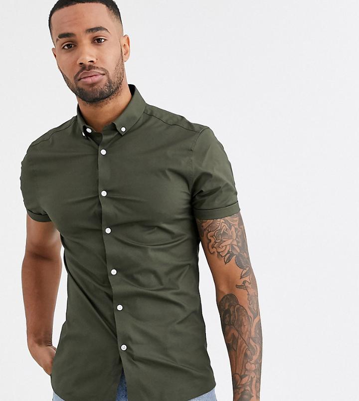 Asos Design Tall Skinny Short Sleeve Shirt With Button Down Collar In Khaki-green