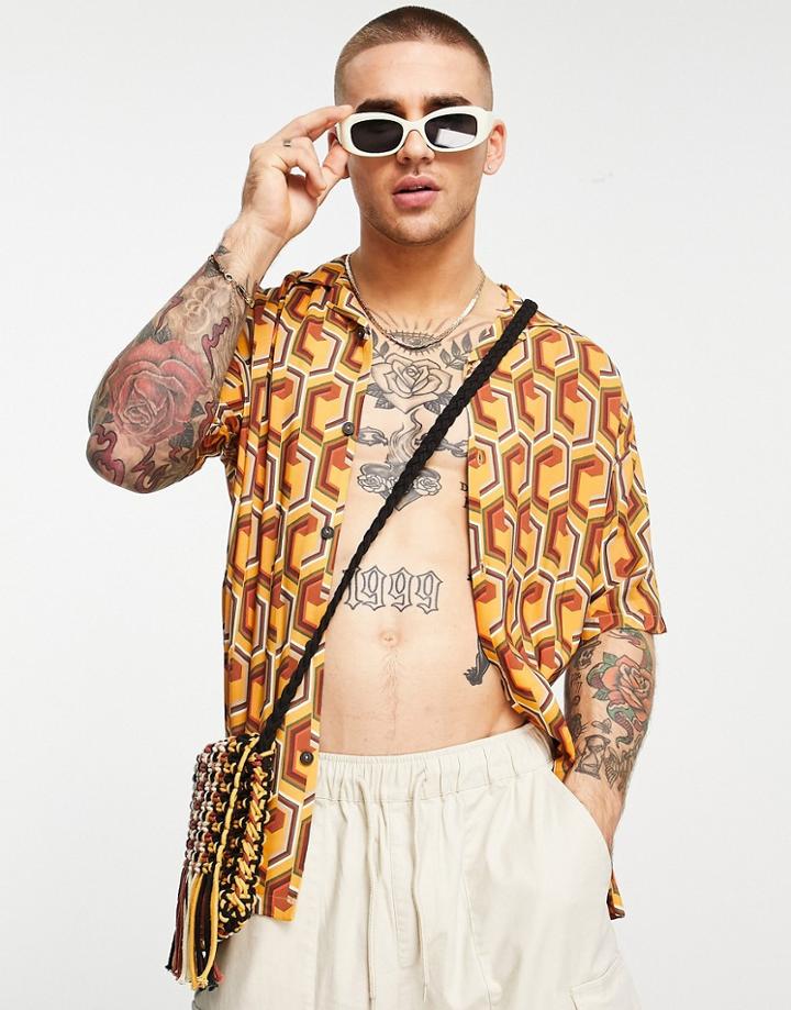Pull & Bear Broken Geometric Print Shirt In Orange