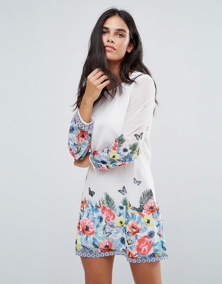 Yumi Tropical Border Print Shift Dress - White