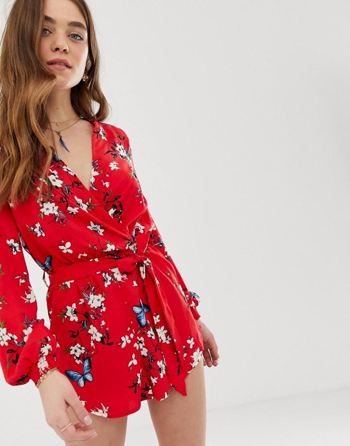 Parisian Long Sleeve Tie Waist Romper In Floral Print-red