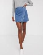 Asos Design Denim Wrap Skirt In Midwash Blue