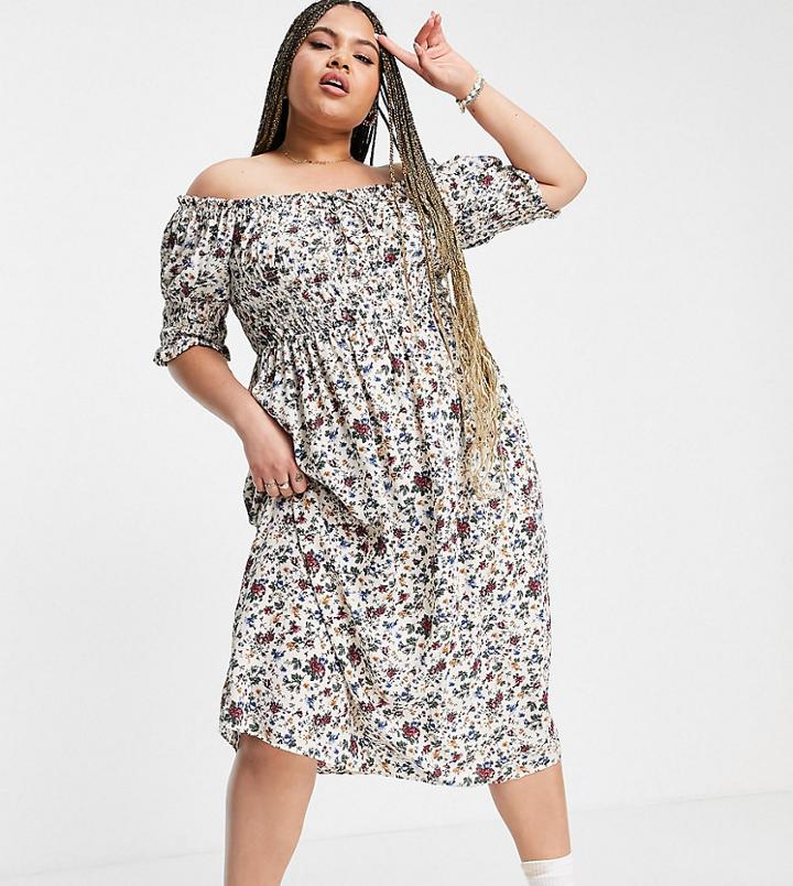 Lola May Plus Floral Print Puff Sleeve Dress-white