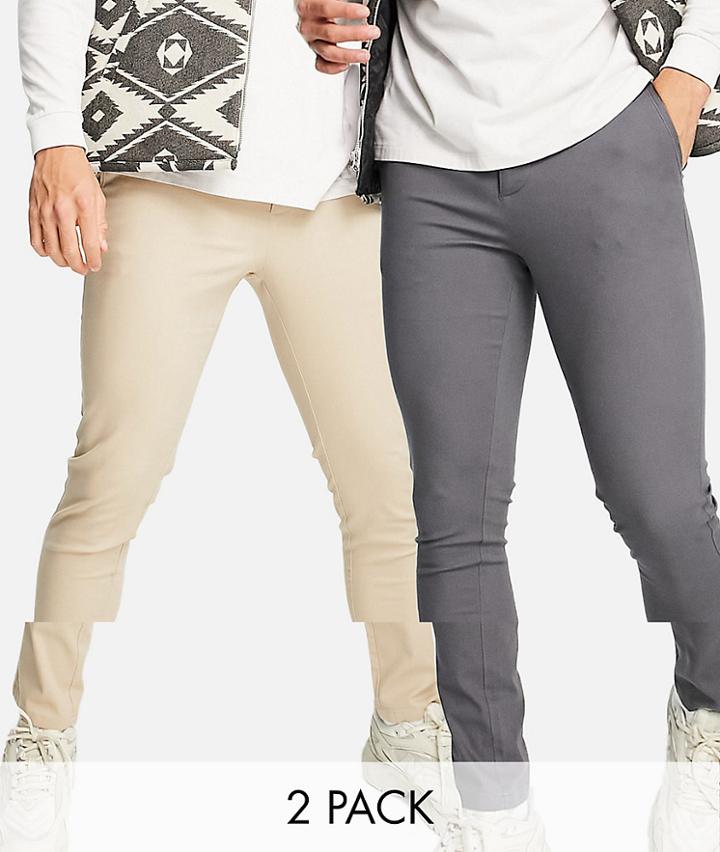 Asos Design 2-pack Skinny Chinos In Beige And Charcoal - Save-multi