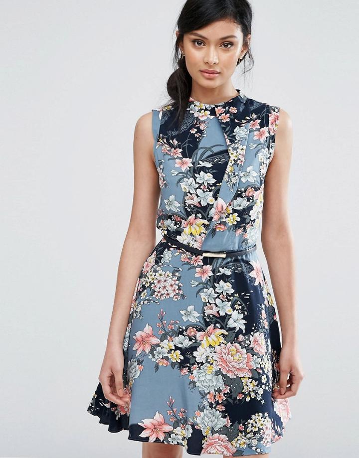 Oasis Floral Print High Neck Belted Skater Dress - Multi
