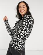 Asos Design Sweater With High Neck And Puff Shoulder In Animal Pattern-black
