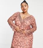 Asos Design Curve Exclusive Embellished Fringe Long Sleeve Beaded Rope Mini Dress In Rose-pink