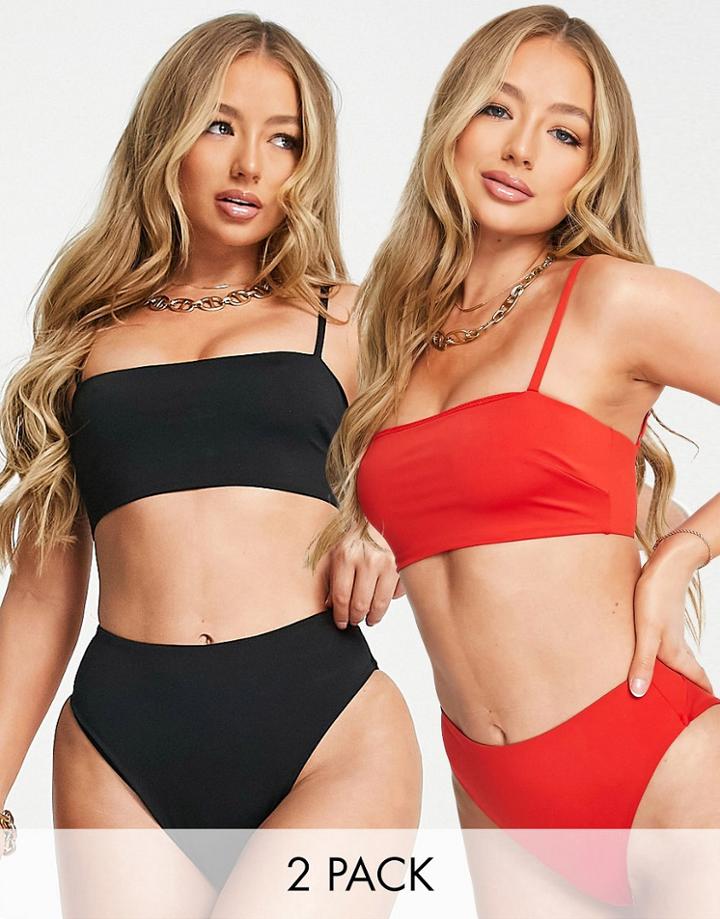 Asos Design 2 Pack Crop Bikini Top In Black And Red-multi