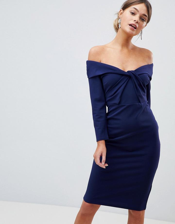 City Goddess Long Sleeved Midi Dress With Twisted Neckline - Navy