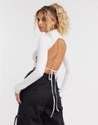 Motel High Neck Backless Crop Top With Saint Print Embroidery-white