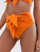 Prettylittlething Knot Front Bikini Bottoms In Bright Orange - Orange