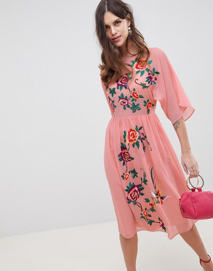Asos Design Smock Midi Dress With Bird And Floral Embroidery-pink