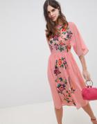 Asos Design Smock Midi Dress With Bird And Floral Embroidery-pink