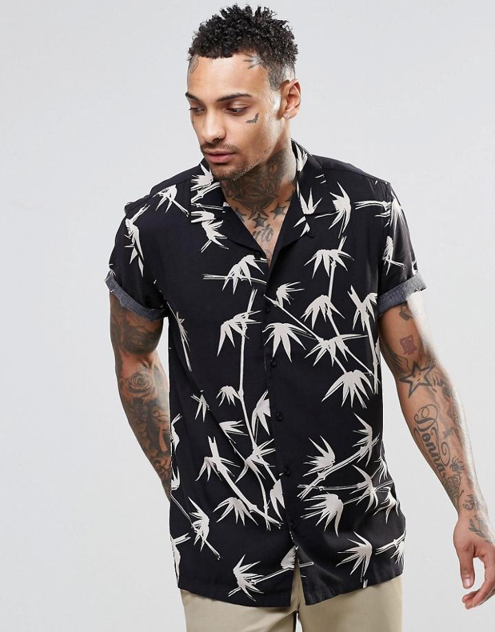 Asos Viscose Shirt In Bamboo Print With Revere Collar In Regular Fit - Black