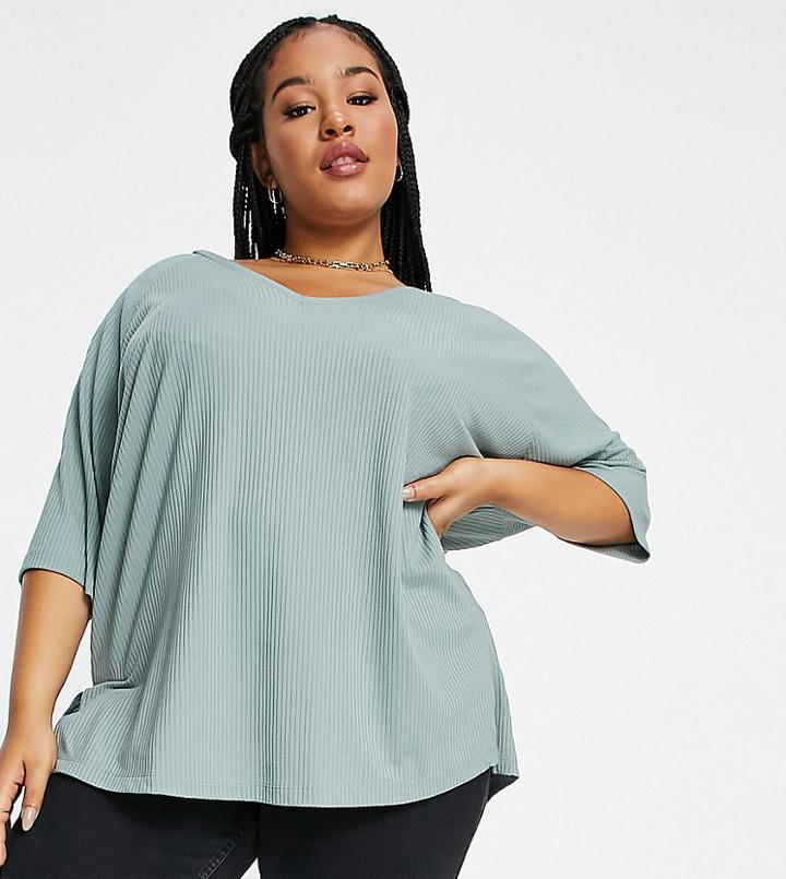 Asos Design Curve Oversized Top With V Neck In Rib In Sage-green
