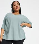 Asos Design Curve Oversized Top With V Neck In Rib In Sage-green