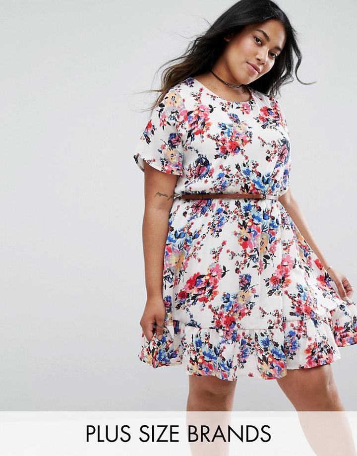 Yumi Plus Belted Dress In Floral Print - White