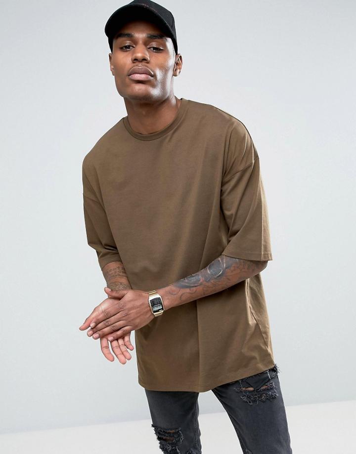 Asos Oversized T-shirt In Brown With Half Sleeve - Brown