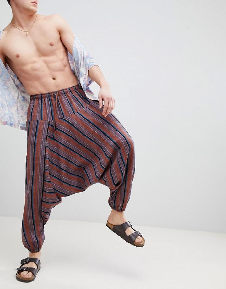 Asos Design Festival Extreme Drop Crotch Joggers In Stripe - Brown