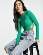 Pull & Bear Cut Out Long Sleeve Cropped Top In Green