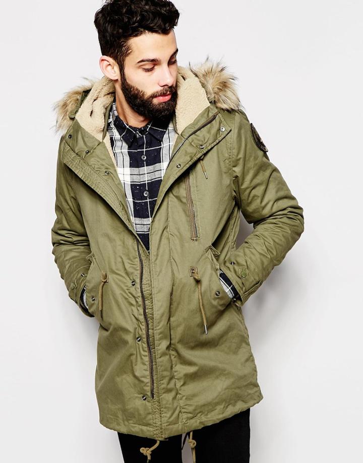 Schott Parka With Fleece Lined Hood & Faux Fur Collar - Green