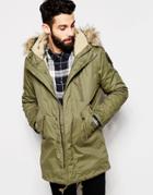 Schott Parka With Fleece Lined Hood & Faux Fur Collar - Green