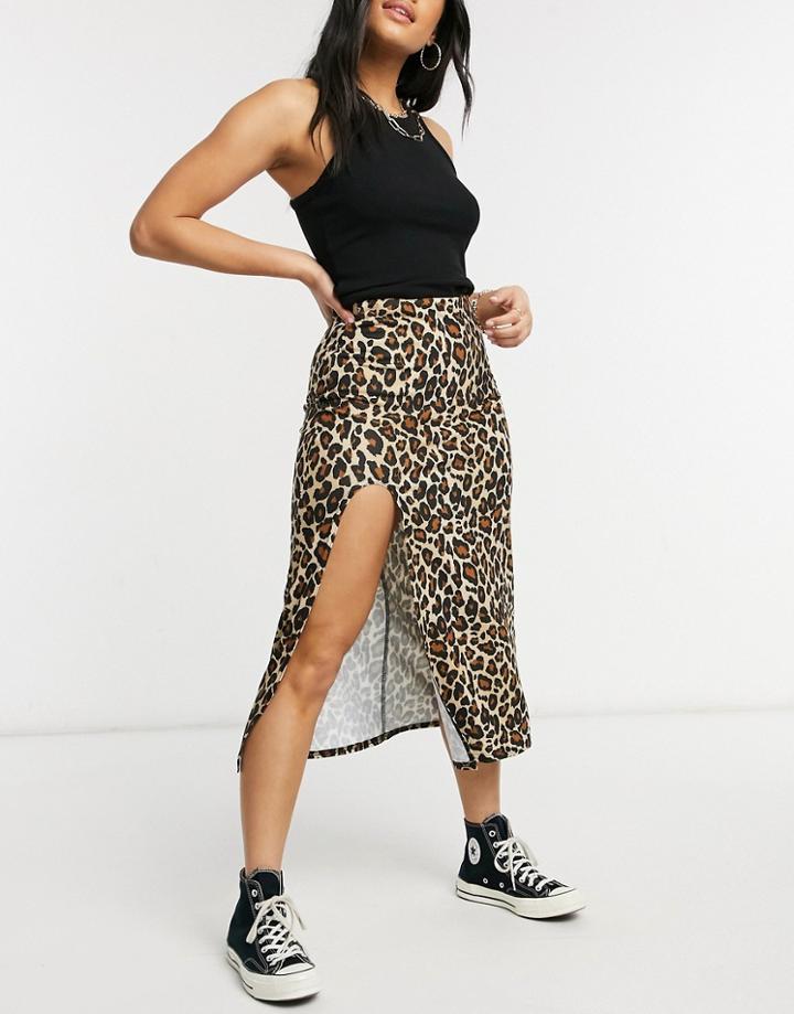 Asos Design Midi Thigh Split Skirt In Leopard Print-multi