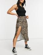 Asos Design Midi Thigh Split Skirt In Leopard Print-multi