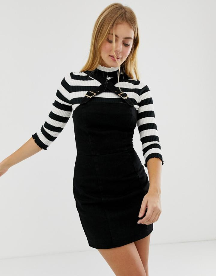 Asos Design Denim Dress With Buckle Detail Straps In Washed Black