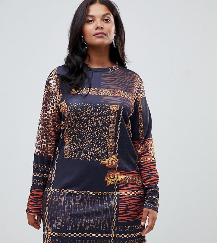 Pink Clove Long Sleeve Tshirt Dress In Luxe Print - Multi