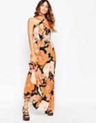 Asos Strap Back Keyhole Maxi Dress In Orange Floral - Multi