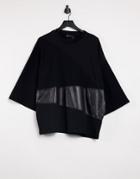 Asos Design Oversized Organic T-shirt In Black Waffle And Leather Look