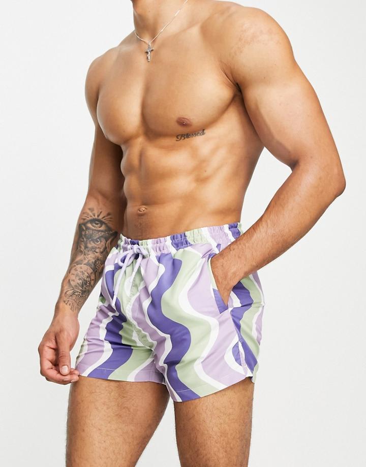 River Island Retro Wavy Stripe Swim Shorts In Purple-multi