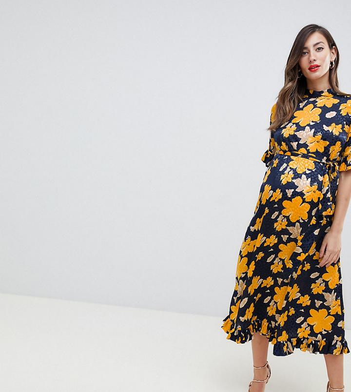 Asos Design Maternity Midi Jacquard Floral Column Dress With Belt - Multi