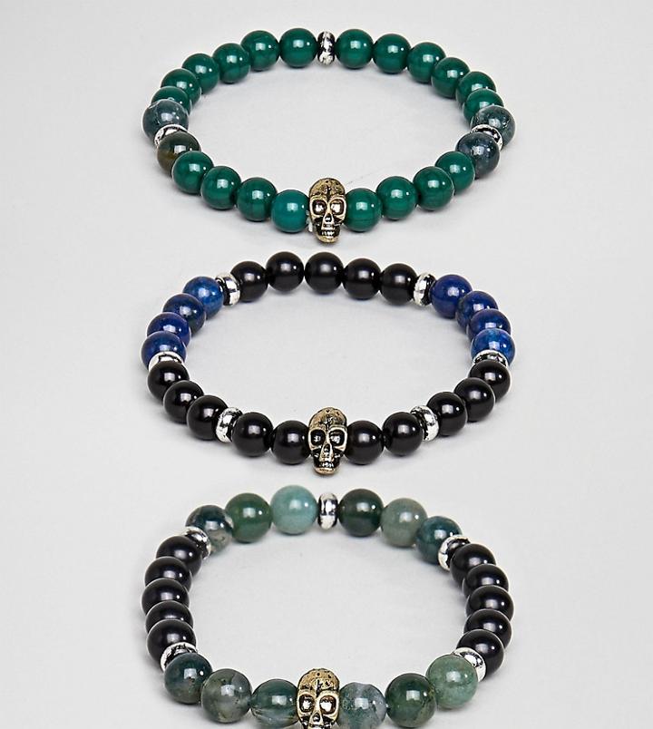 Reclaimed Vintage Inspired Skull Bracelet With Semi Precious Beads In 3 Pack Exclusive To Asos - Silver