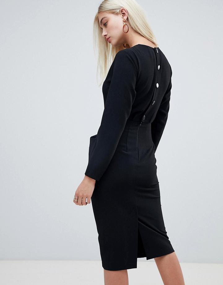 Asos Design Long Sleeve Midi Pencil Dress With Button Back - Black