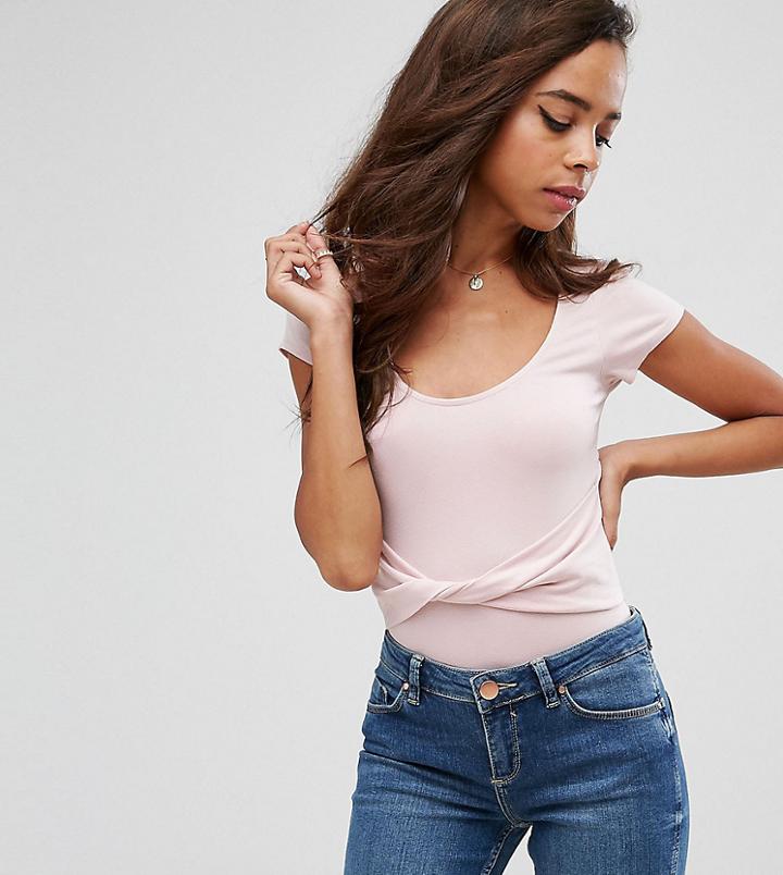 Asos Petite Top With Cap Sleeve & Twist Front Detail - Beige