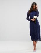 Asos Wedding Lace Long Sleeve Midi Pencil Dress - Navy