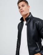 Celio Faux Leather Biker Jacket With Teddy Fleece Lining In Black - Black
