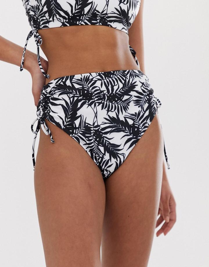 Asos Design Fuller Bust Exclusive Ruched Side High Leg High Waist Bikini Bottom Mono Palm Print-multi