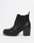 Monki Faux Leather Cleated Sole Heeled Ankle Boots In Black - Black
