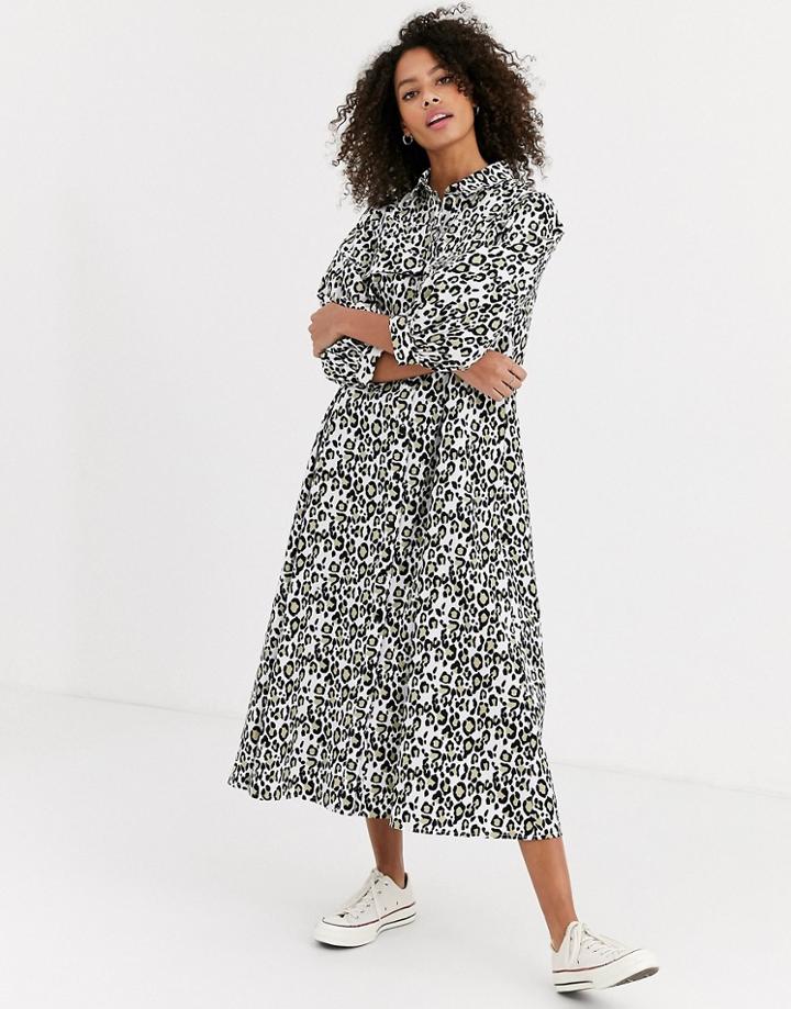 Asos Design Trapeze Midi Shirt Dress In Leopard Print-multi