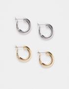 Asos Design Pack Of 2 Flat Edge Hoop Earrings In Gold And Silver Tone-multi