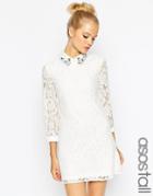 Asos Tall Lace Shift Dress With Embellished Collar - Cream