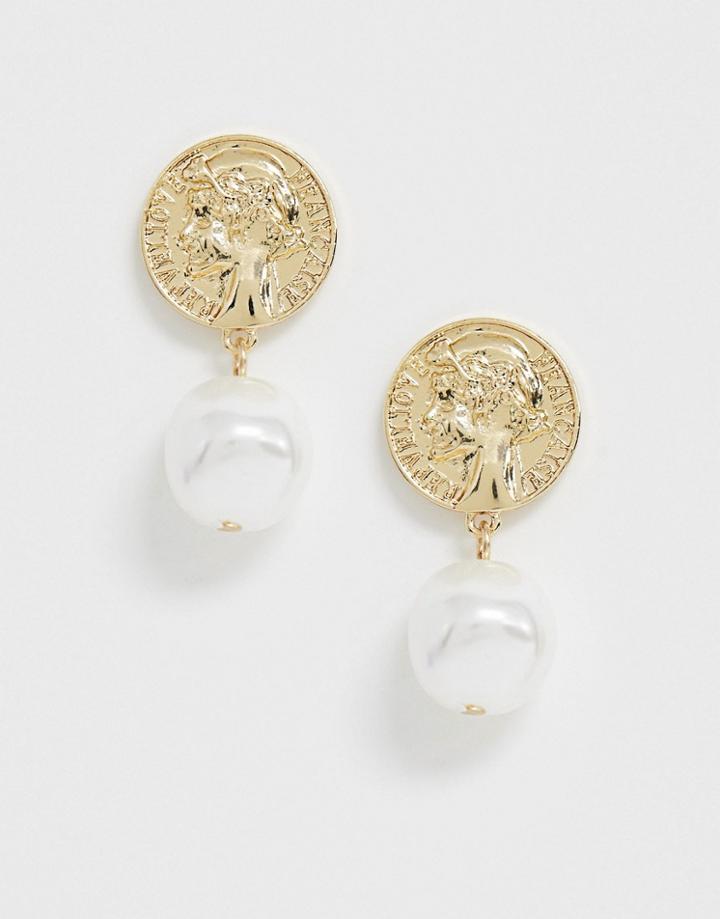 Designb London Gold Coin Faux Pearl Earrings