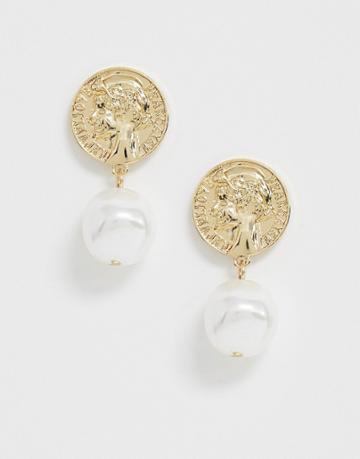 Designb London Gold Coin Faux Pearl Earrings