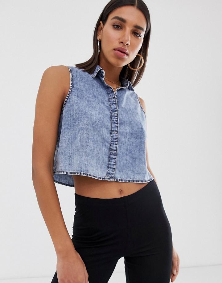 Noisy May Cropped Denim Shirt-blue