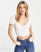 Miss Selfridge Short Sleeve Tie Front Milkmaid Top In Cream-white