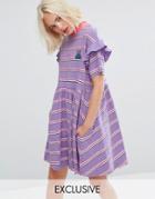 Lazy Oaf Short Sleeve Smock Dress In Stripe - Purple